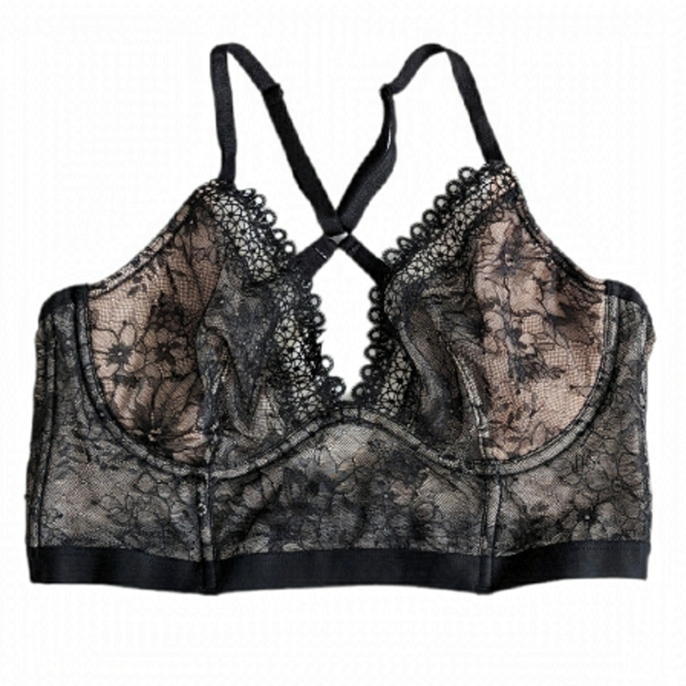 Victoria's Secret Very Sexy Unlined Plunge lace black pink Bra Small B084